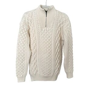IRELANDS EYE Virgin Wool Quarter Zip Aran Fisherman Sweater Cable Knit Natural
